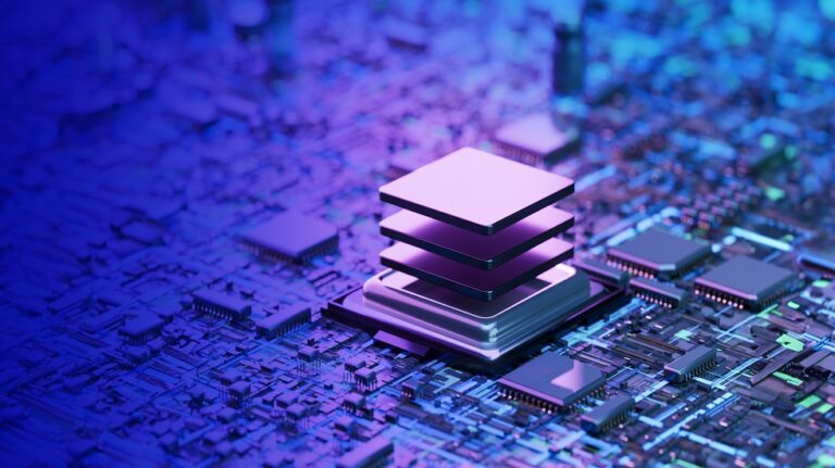 Chip on motherboard. Digitally generated image. 3d render.